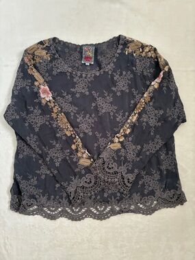 Johnny Was Grey Embroidered Lace Floral Blouse